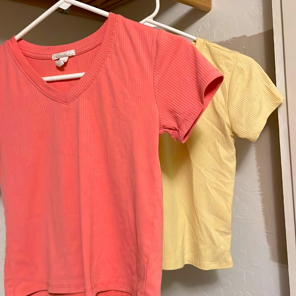 mid cropped sunshine yellow and darkish pink, Full Tilt, V neck T-shirts.